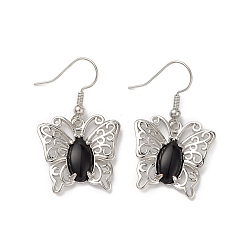 Obsidienne Boucles d'oreilles pendantes papillon en obsidienne naturelle pour femme, bijoux en laiton platine pour femme, sans cadmium et sans plomb, 38mm, pin: 0.6 mm