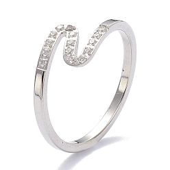 Color de Acero Inoxidable 304 anillos de dedo del acero inoxidable, con diamantes de imitación de cristal, ola, color acero inoxidable, tamaño de EE. UU. 6~9 (16.5~18.9 mm)
