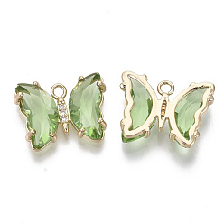 Light Green Glass Pendants, with Micro Pave Cubic Zirconia and Brass Open Back Settings, Faceted, Butterfly, Light Gold, Light Green, 15.5x20x4mm, Hole: 1.8mm