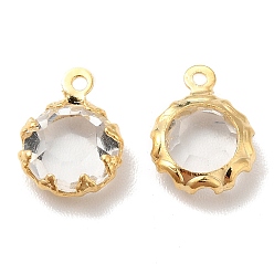 Clear Eco-Friendly Glass Charms, with Brass Findings, Long-Lasting Plated, Cadmium Free & Lead Free, Flat Round, Real 24K Gold Plated, Clear, 9x6.5x3mm, Hole: 1mm