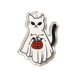 White Printed Acrylic Pendants, Cat with Pumpkin Charm, White, 43x28x2.2mm, Hole: 1.8mm