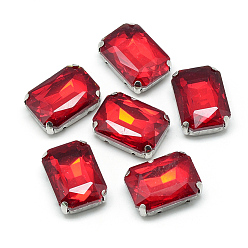 Roja Cose en el rhinestone, Enlaces multifilares, diamantes de imitación de cristal, con ajustes de puntas de latón, accesorios de prendas de vestir, facetados, octágono, Platino, rojo, 18x13x7 mm, agujero: 0.8~1 mm