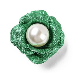 Vert Simili cuir à paillettes de fleurs avec broche en perles en plastique, épingle en fer ton platine pour sacs à vêtements, verte, 43~46x43~44x29mm