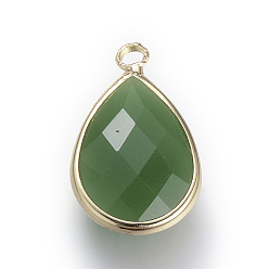 Medium Sea Green Glass Pendants, with Brass Findings, Faceted, Drop, Light Gold, Medium Sea Green, 18x10.5x4.5mm, Hole: 1.8~2.3mm