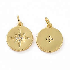 Clear Brass Micro Pave Cubic Zirconia Pendants, Real 18K Gold Plated, with Jump Ring, Flat Round with Star Charms, Clear, 15x13x2mm, Jump Ring: 5x0.8mm, Inner Diameter: 3.2mm