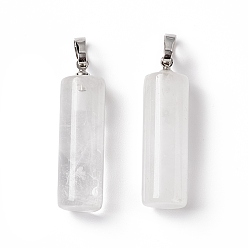 Cristal de Quartz Pendeloques de cristal de quartz naturel, pendentifs en cristal de roche, avec les accessoires en laiton de tonalité de platine, charme de la colonne, 27x8mm, Trou: 6x3.2mm