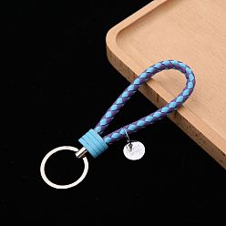 Sky Blue PU Leather Knitting Keychains, Wristlet Keychains, with Platinum Tone Plated Alloy Key Rings, Sky Blue, 12.5x3.2cm