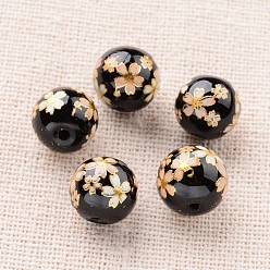 Black Flower Picture Printed Glass Round Beads, Black, 10mm, Hole: 1mm