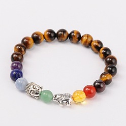 Tiger Eye Stretch Buddhist Jewelry Multi-Color Gemstone Chakra Bracelets, with Tibetan Style Beads, Antique Silver, Tiger Eye, 55mm