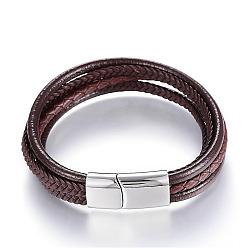 Coconut Brown Leather Cord Multi-strand Bracelets, with 304 Stainless Steel Magnetic Clasps, Coconut Brown, 8-1/4 inch(215mm)x12x6mm