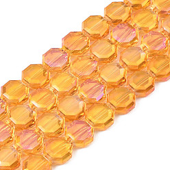 Naranja Hebras de perlas de vidrio translúcido electrochapado, color de ab chapado, medio chapado, facetados, octágono, naranja, 7~8x7~8x4 mm, agujero: 1.2 mm, sobre 72 unidades / cadena, 20.47 pulgada (52 cm)