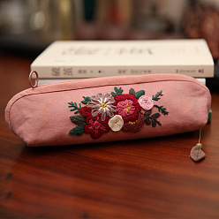 Pink Kit de bordado de caja de lápiz de patrón de flor de bricolaje, incluyendo agujas de bordar e hilo, tela de algodón, aro de bordado de plástico, rosa, 80x230x60 mm