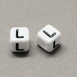 Letter L Gran agujero acrílico letra cuentas europeas, agujero horizontal, blanco y negro, cubo con letter.l, 6x6x6 mm, agujero: 4 mm, Sobre 2950 unidades / 500 g