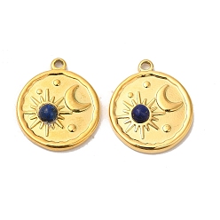 Lapis Lazuli Ion Plating(IP) 316 Stainless Steel Flat Round Pendants, Natural Lapis Lazuli Sun & Moon Charms, Real 24K Gold Plated, 21.5x18x4.5mm, Hole: 1.6mm
