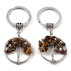 Œil De Tigre Porte-clés rond plat en œil de tigre naturel avec pendentif arbre de vie, avec des porte-clés en fer et des pièces en laiton, 6.5 cm