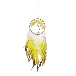Yellow Iron Woven Web/Net with Feather Pendant Decorations, with Plastic and Citrine Stone Beads, Covered with Leather and Brass Cord, Flat Round with Tree of Life, Yellow, 700mm