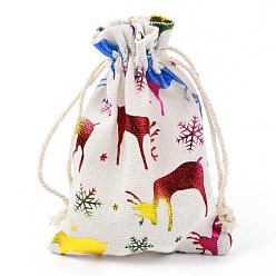 Cerf Sac en tissu en coton thème noël, sacs à cordonnet, pour les ornements de cadeau de collation de fête de noël, Motif de cerf, 14x10 cm