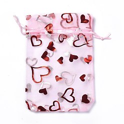 Pearl Pink Organza Drawstring Jewelry Pouches, Wedding Party Gift Bags, Rectangle with Red Stamping Heart Pattern, Pearl Pink, 15x10x0.11cm