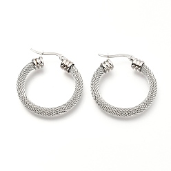Stainless Steel Color 304 Stainless Steel Mesh Hoop Earrings, Round Ring Shape, Stainless Steel Color, 36x32x5.9mm, Pin: 0.7mm