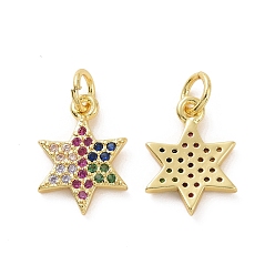 Real 18K Gold Plated Brass Micro Pave Cubic Zirconia Charms, with Jump Rings, Star of David Charm, Real 18K Gold Plated, 14x10x2mm, Hole: 3.2mm