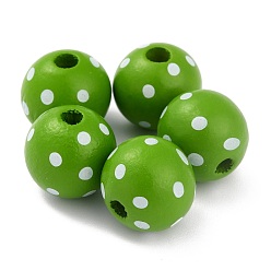 Lime Green Dyed Natural Wooden Beads, Macrame Beads Large Hole, Round with Polka Dot, Lime Green, 16x15mm, Hole: 4mm