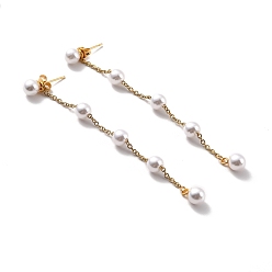 Doré  Boucles d'oreilles pendantes à longue chaîne avec perles rondes en plastique, 304 boucles d'oreilles pendantes en acier inoxydable pour femmes, or, 88x6mm, pin: 0.7 mm