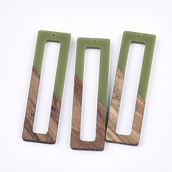 Gris Oliva Grandes colgantes de resina y madera de nogal, Rectángulo, verde oliva, 60.5~61x17x3 mm, agujero: 1.6 mm