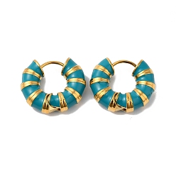 Dark Turquoise Enamel Round Hoop Earrings, Real 14K Gold Plated 304 Stainless Steel Jewelry for Women, Dark Turquoise, 18x21x6mm, Pin: 1mm