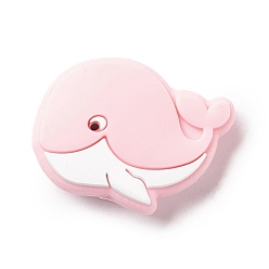 Pink Silicone Focal Beads, Baby Chew Teething Beads, Whale, Pink, 21.5x30x9.5mm, Hole: 2mm