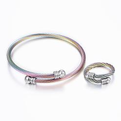 Couleur Acier Inoxydable Ensembles bracelets et bagues de serrage en acier inoxydable à la mode 304, avec strass, couleur inox, 2-1/8 pouces (53 mm), 17mm