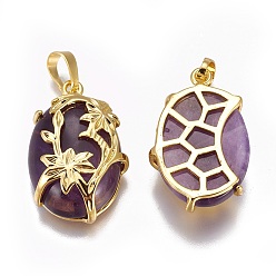 Amethyst Natural Amethyst Pendants, with Golden Tone Brass Findings, Oval with Flower, 32x20x9mm, Hole: 5x8mm
