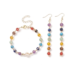 Mixed Stone Natural & Synthetic Mixed Stone & Pearl Beaded Dangle Earrings & Bracelet, Brass Wire Wrap Jewelry for Women, 182mm, 95mm, Pin: 0.9mm