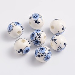 Bleu Perles de porcelaine imprimés faits à la main, ronde, bleu, 12mm, Trou: 3mm