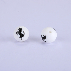 Blanco Cuentas focales de silicona redondas impresas con patrón de caballo, blanco, 15x15 mm, agujero: 2 mm