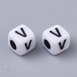 Letter V White Opaque Acrylic Beads, Horizontal Hole, Cube with Black Alphabet, Letter.V, 4~5x4~5x4~5mm, Hole: 1.8mm, about 6470~6500pcs/500g