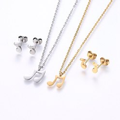 Mixed Color 304 Stainless Steel Jewelry Sets, Stud Earrings and Pendant Necklaces, Note, Mixed Color, Necklace: 17.7 inch(45cm), Stud Earrings: 8x4x1.2mm, Pin: 0.8mm