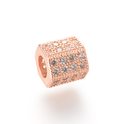Rose Gold Brass Micro Pave Cubic Zirconia European Beads, Large Hole Beads, Hexagon, Rose Gold, 7x8x7mm, Hole: 4mm