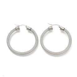 Stainless Steel Color 304 Stainless Steel Mesh Hoop Earrings, Round Ring Shape, Stainless Steel Color, 45x42x5.9mm, Pin: 0.7mm