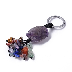 Amethyst Natural Amethyst Nugget with Mixed Gemstone Chips Tassel Keychains, with 304 Stainless Steel Ring Clasps, 9~10.5cm