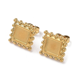 Real 18K Gold Plated Ion Plating(IP) 304 Stainless Steel Stud Earring Settings, Square Ear Studs with Granulated Edge, Real 18K Gold Plated, Tray: 6x6mm, 11.5x11.5mm, Pin: 0.7mm
