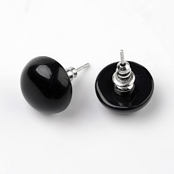 Agate Noire Demi-dôme rond agate naturel noir boucles d'oreille, avec les accessoires en laiton plaqués de platine, 18 mm, broches: 0.8 mm