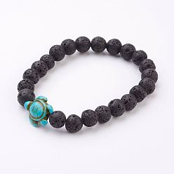 Lava Rock Lava Rock Beaded Stretch Bracelets, with Synthetic Turquoise(Dyed) Tortoise Bead, 2-1/8 inch(54mm)