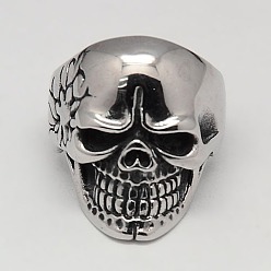 Antique Silver Unique Halloween Jewelry Skull Rings for Men, 304 Stainless Steel Wide Rings, Antique Silver, 17~23mm