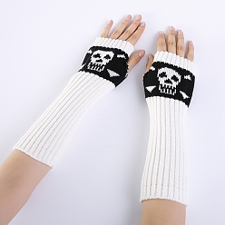 White Polyacrylonitrile Fiber Yarn Knitting Long Fingerless Gloves, Arm Warmer, Winter Warm Gloves with Thumb Hole, Skull Pattern, White, 295~330x80mm