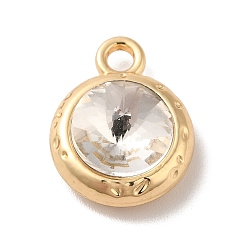 Clear Glass Pendants, Rack Plating Golden Alloy Findings, Nickel Free, Flat Round Charms, Clear, 15x11.5x6mm, Hole: 2mm