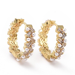 Golden Clear Cubic Zirconia Leaf Wrap Hoop Earrings with Acrylic Pearl, Brass Jewelry for Women, Cadmium Free & Lead Free, Golden, 21.5x19.5x5mm, Pin: 0.9mm