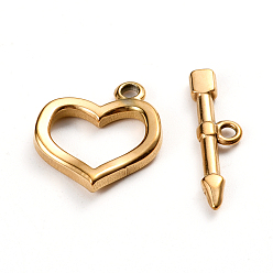 Golden Ion Plating(IP) 304 Stainless Steel Toggle Clasps, Heart & Arrow, Golden, Ring: 20x18x3mm, Hole: 2mm, Bar: 23.5x6.5x2.5mm, Hole: 1.8mm