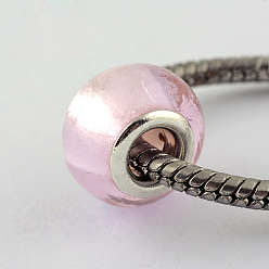 Pearl Pink Handmade Silver Foil Glass European Beads, with Silver Color Plated Brass Cores, Rondelle, Pearl Pink, 14x10mm, Hole: 5mm