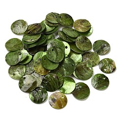 Olive Drab Spray Painted Natural Akoya Shell Charms, Mother of Shell, Flat Round Charms, Olive Drab, 13x1.5mm, Hole: 1mm