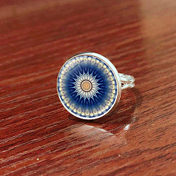 Blue Glass Mandala Flower Finger Ring, Platinum Brass Flat Round Signet Ring for Women, Blue, US Size 8(18.1mm)